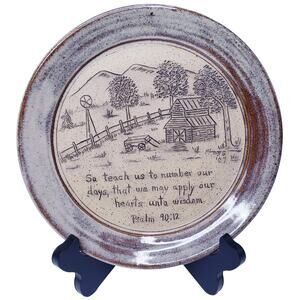 Handmade POTTERY Farm Scene Decorative 9" Plate Inscribed w/ Psalm 90:12~ Signed